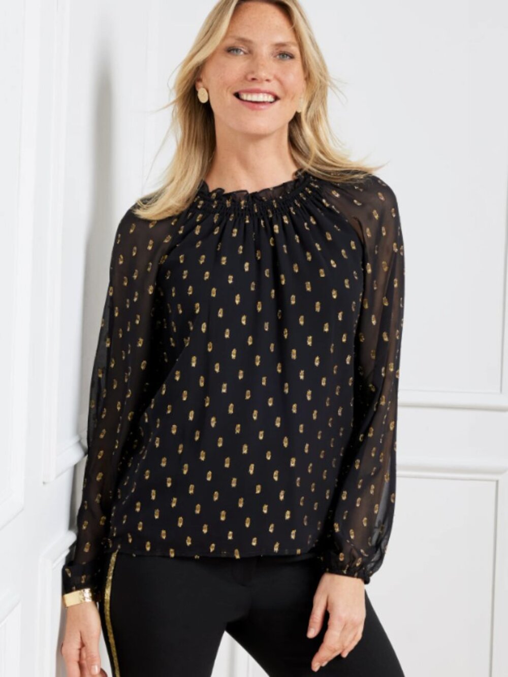 Talbots Smocked Blouse in Metallic Clip Dot Festive Party Chiffon Career Sz M